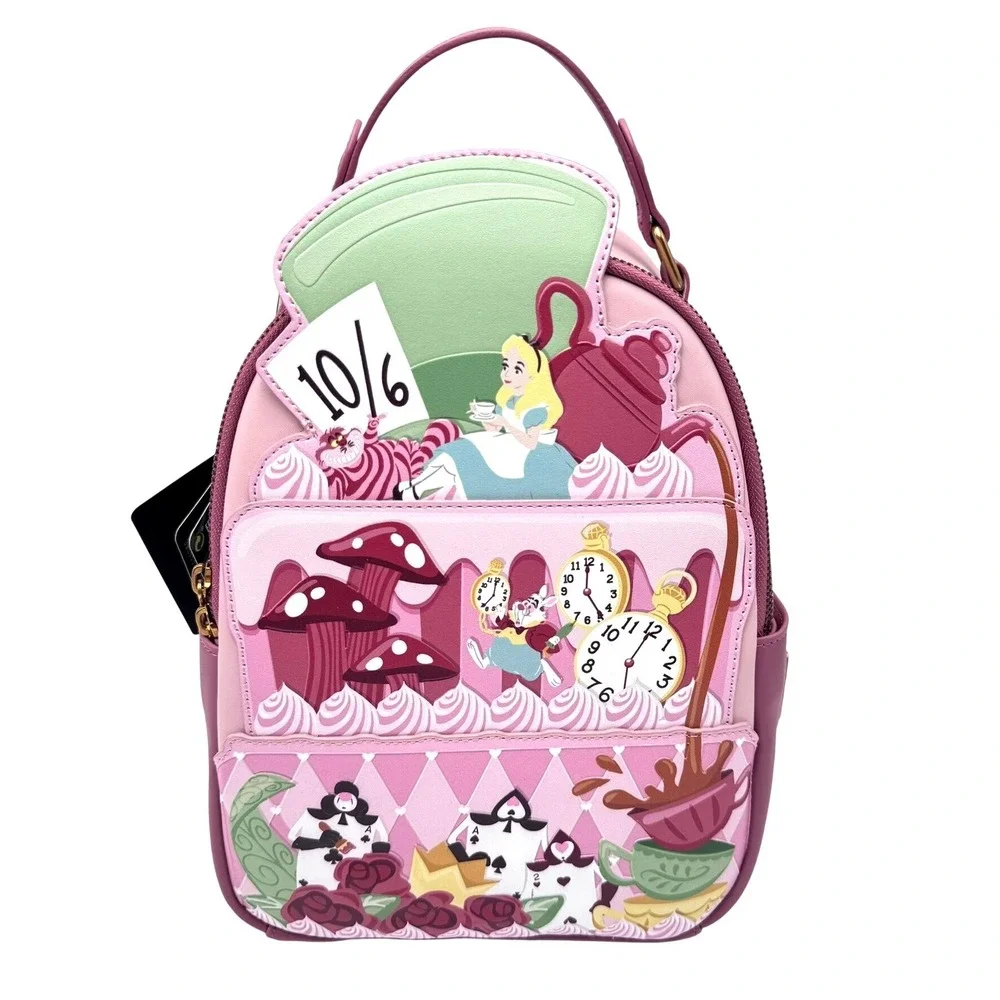 DISNEY LOUNGEFLY NWT Alice in Wonderland Pink Cake‎ Mini Backpack Tea Party